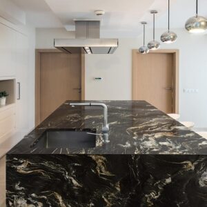 Modern kitchen island with Belvedere Quartzite countertop