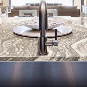 Luxurious kitchen island with Cambria Oakmoor Quartz countertop