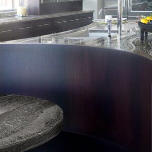 Curved Cambria Roxwell Quartz countertop in a contemporary kitchen setting.