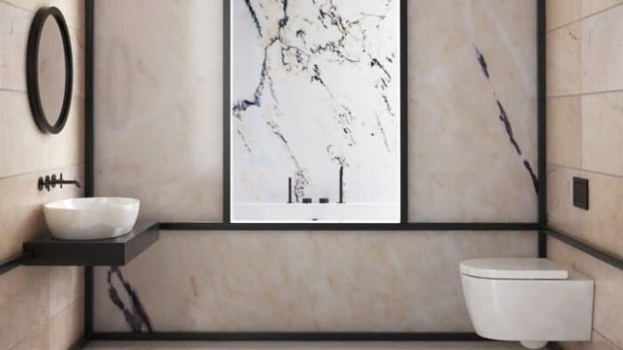 Flooring Bathroom featuring Rosa Portogallo Marble walls in a modern UK home