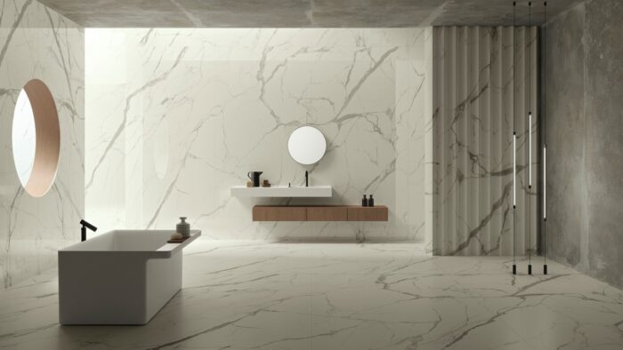 Flooring Luxurious bathroom featuring Calacatta Macchia Vecchia marble in a modern design.