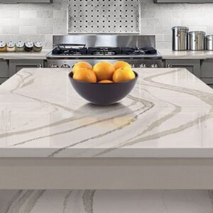 Cambria Brittanicca quartz kitchen island with fruit bowl
