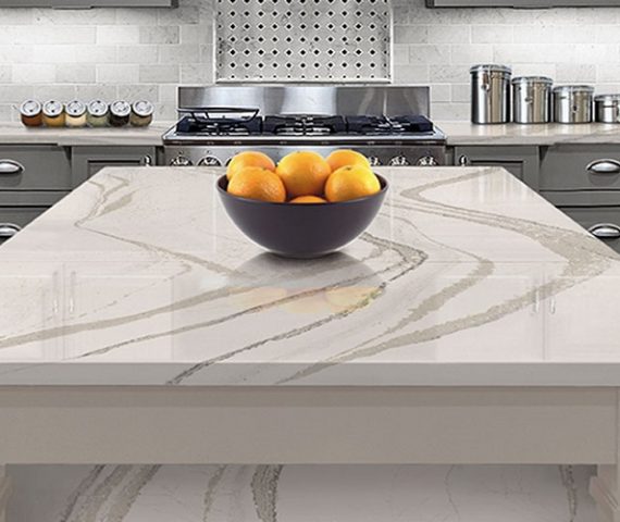 Flooring Cambria Brittanicca quartz kitchen island with fruit bowl