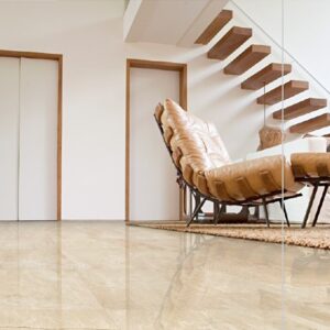 Living room with Crema Marfil Marble flooring in a modern London home.