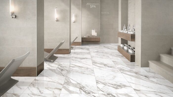 UK Luxurious Calacatta Marble tiles in a modern spa setting in London, UK