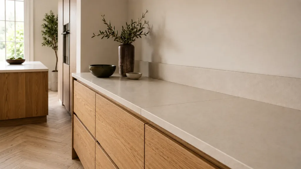 Pale stone worktops with a discreet join in an oak and cream kitchen