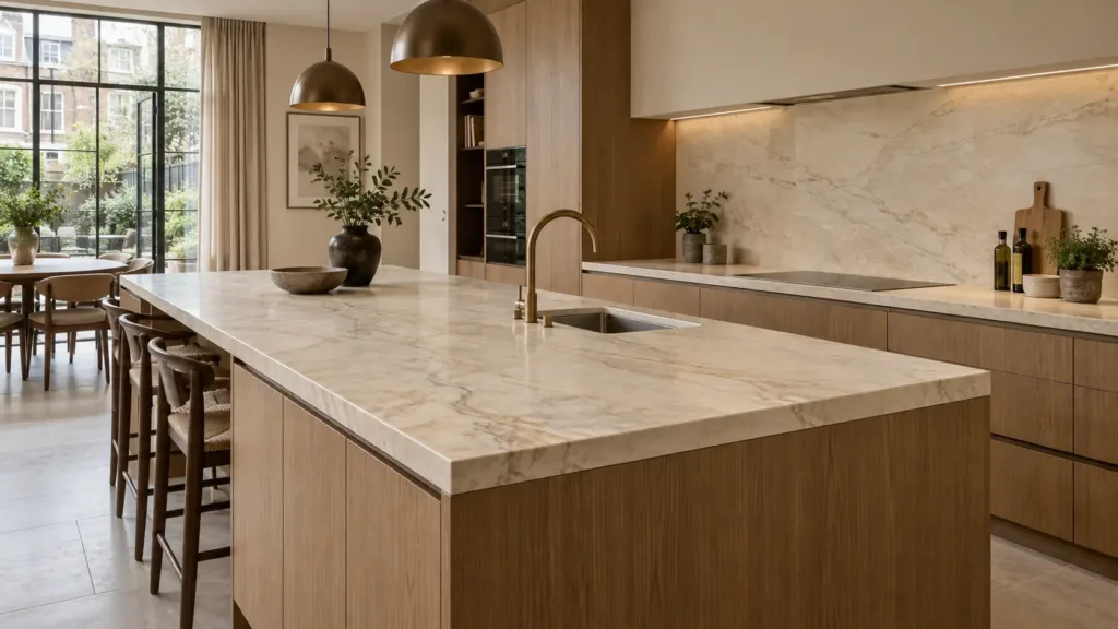 Luxury London kitchen with ĒCLOS-inspired mineral worktops