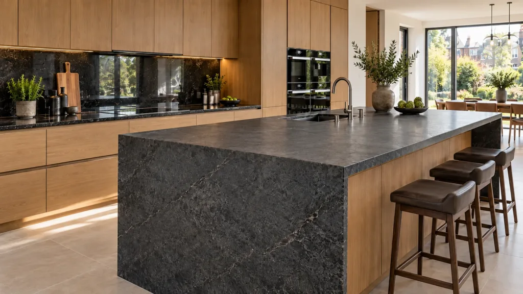 Polished perimeter worktops and a leathered granite island in a London kitchen